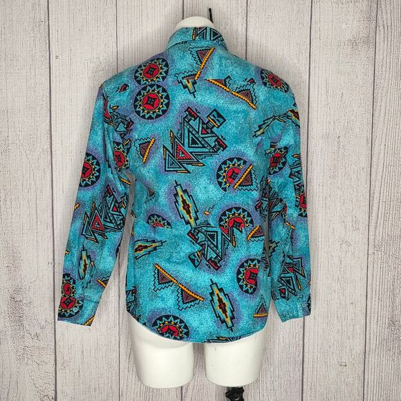 VTG 80s Wrangler Teal/Multicolor Aztec Western Button Up, size Medium - Picture 7 of 9